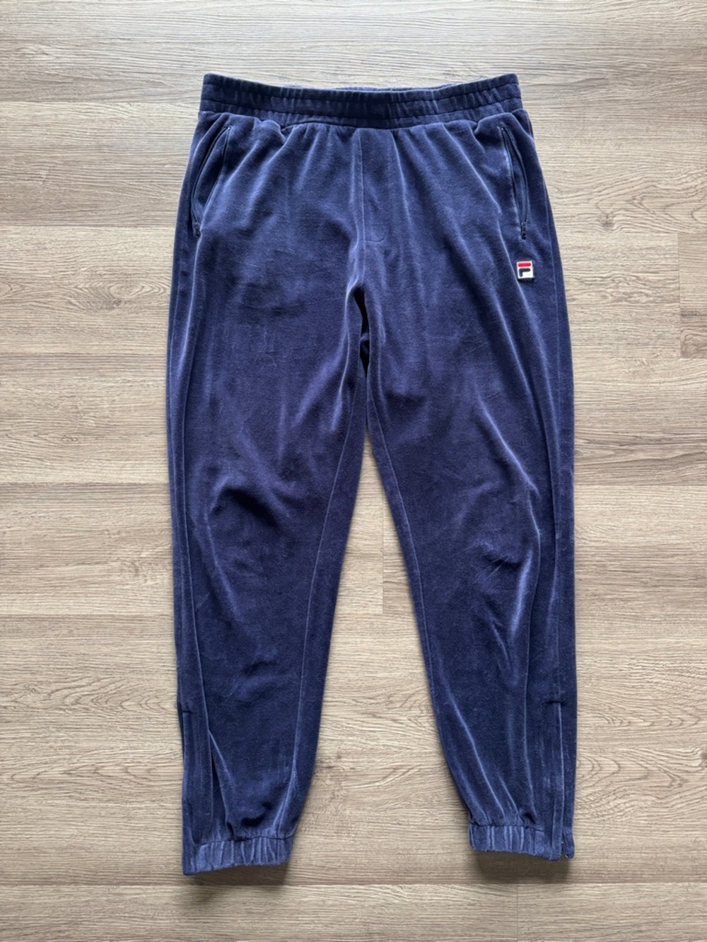 FILA Navy Blue Velour Track Pants with Logo Patch
